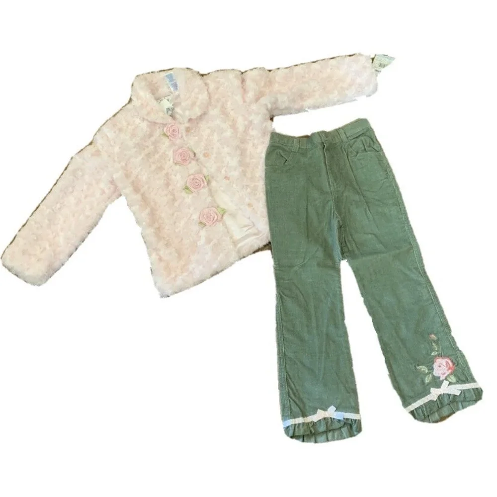 B. T. Kids Girls 2 Piece Outfit 5 New with Tags Pink Green Pants Jacket Soft